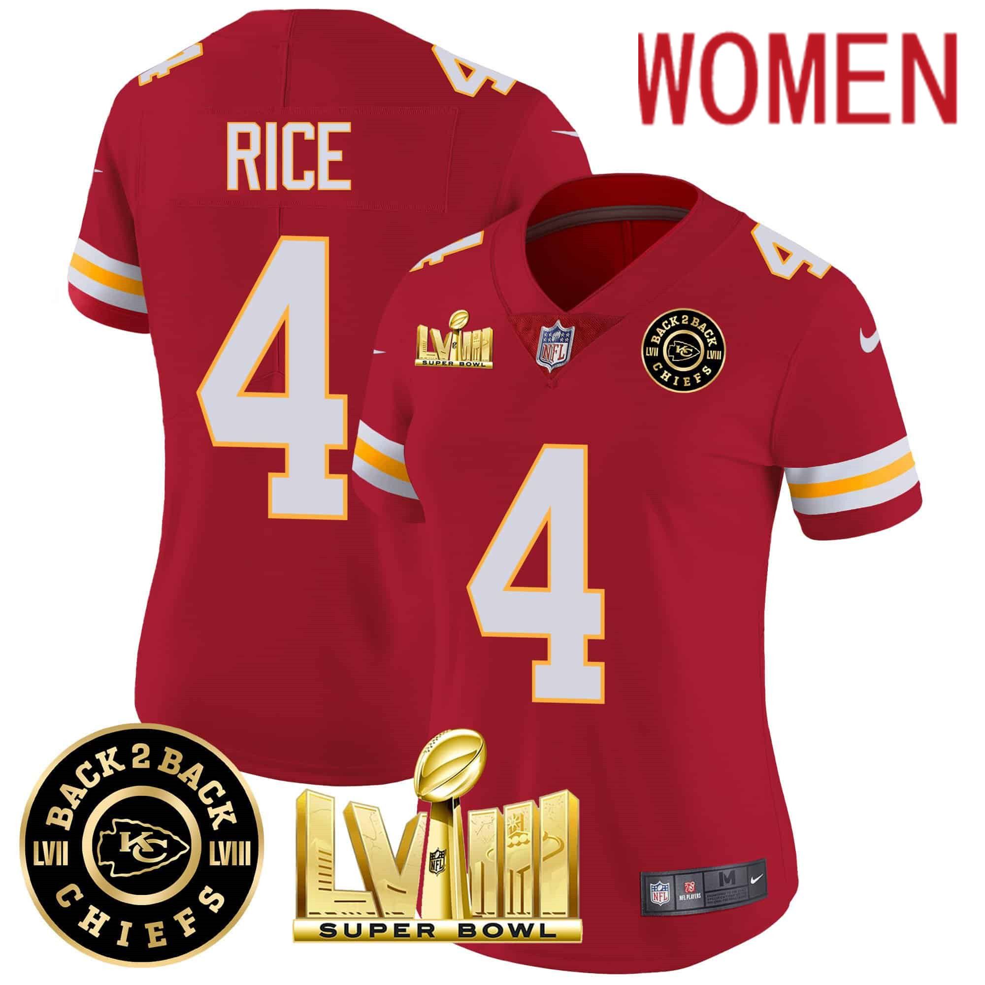 Women Kansas City Chiefs 4 Rice Red 2024 Nike Super Bowl LVIII & Back 2 Back Patch Vapor NFL Jersey style 3
